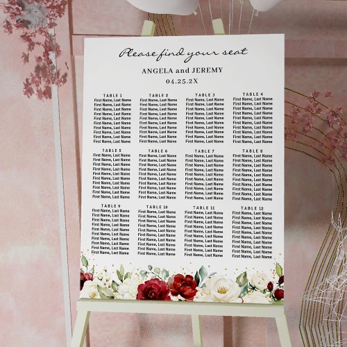 Burgundy Red White Floral Wedding Seating Chart