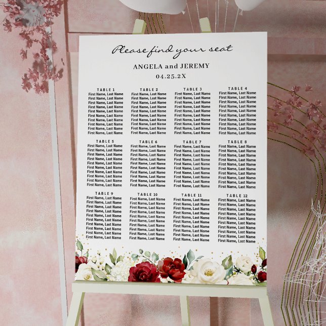 Burgundy Red White Floral Wedding Seating Chart (Creator Uploaded)