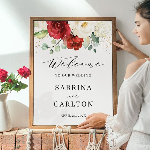 Burgundy Red White Floral Wedding Welcome Sign