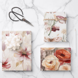 Burgundy Red White Flowers Butterflies Wrapping Paper Sheets