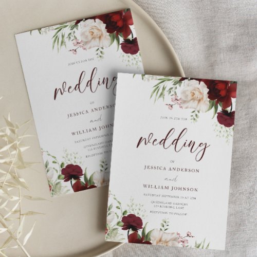 Burgundy Red  White Flowers Elegant Wedding Invitation