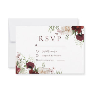 Burgundy Red & White Flowers Elegant Wedding RSVP Card