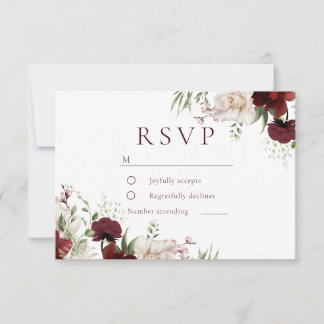 Burgundy Red & White Flowers Elegant Wedding RSVP Card
