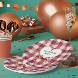 Burgundy Red White Heart Ribbon Birthday Paper Plates