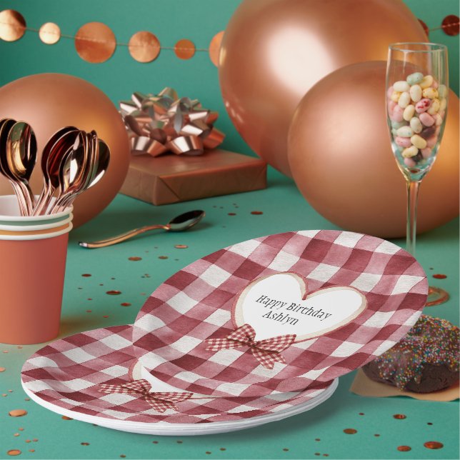 Burgundy Red White Heart Ribbon Birthday Paper Plates (Multi)