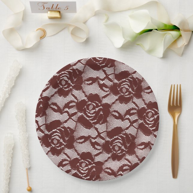Burgundy Red White Lace Floral Paper Plates (Wedding)