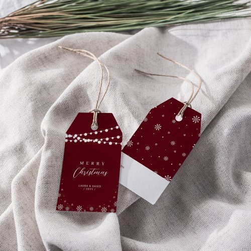 Burgundy Red White  Lights  Snow Merry Christmas Gift Tags