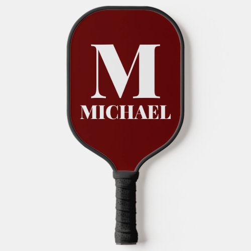 Burgundy Red White Modern Monogram Name Bold Pickleball Paddle