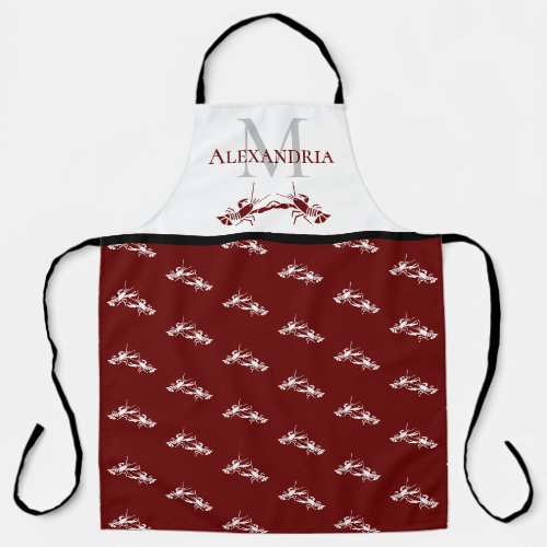 Burgundy Red White Monogram Name Lobster Pattern Apron