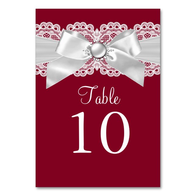 Burgundy Red White Pearl Bow Table Number Card (Front)