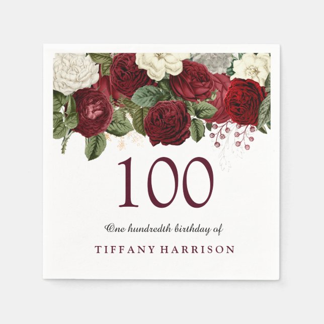 Burgundy Red White Rose 100th Birthday Party Napkins (Front)