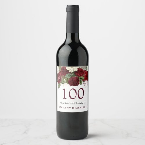 Burgundy Red White Rose 100th Birthday Party Wine Label