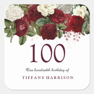 Burgundy Red White Rose 100th Birthday Sticker