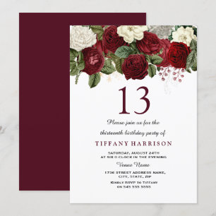Burgundy Red White Rose 13th Birthday Party Invite