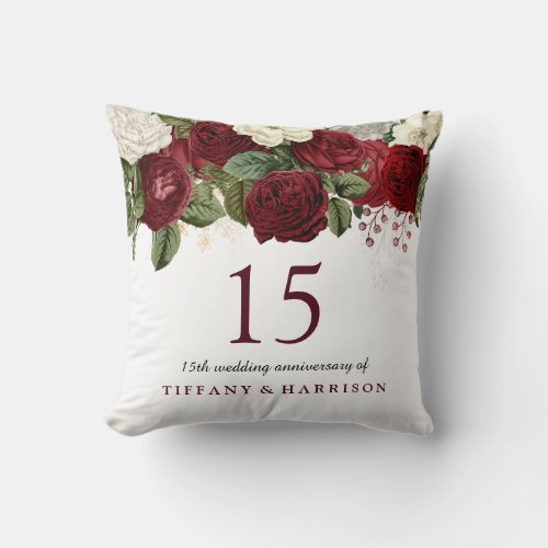 Burgundy Red White Rose 15th Wedding Anniversary Throw Pillow