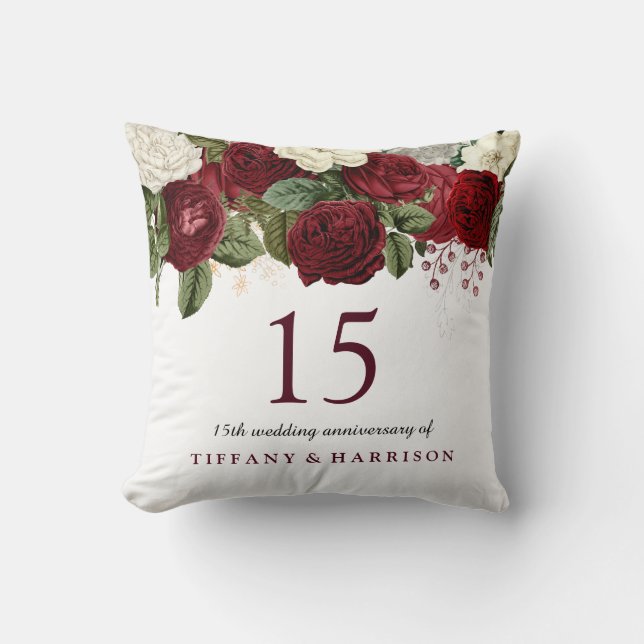 Burgundy Red White Rose 15th Wedding Anniversary Throw Pillow (Front)