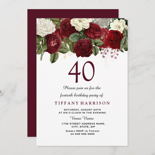 Burgundy Red White Rose 40th Birthday Party Invite (Front/Back)