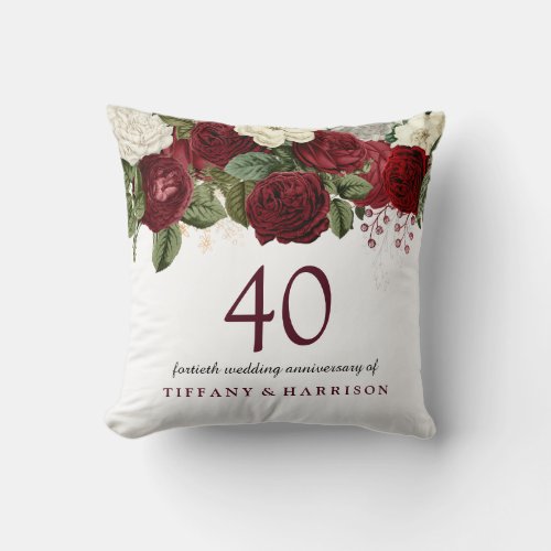 Burgundy Red White Rose 40th Wedding Anniversary Throw Pillow