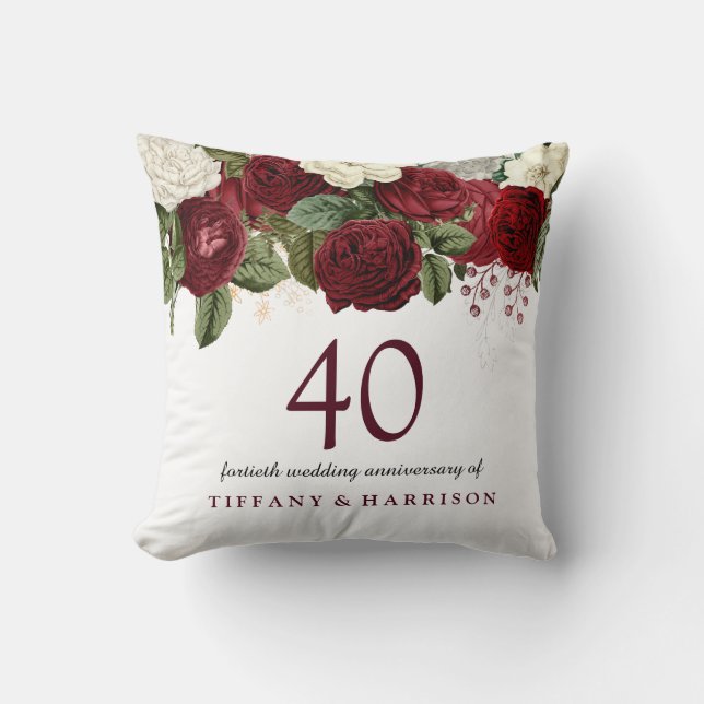 Burgundy Red White Rose 40th Wedding Anniversary Throw Pillow (Front)