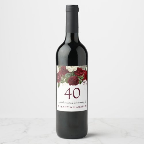 Burgundy Red White Rose 40th Wedding Anniversary Wine Label