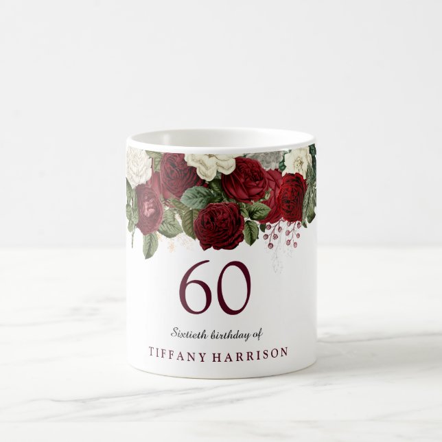 Burgundy Red White Rose 60th Birthday Favor Gift Coffee Mug (Center)