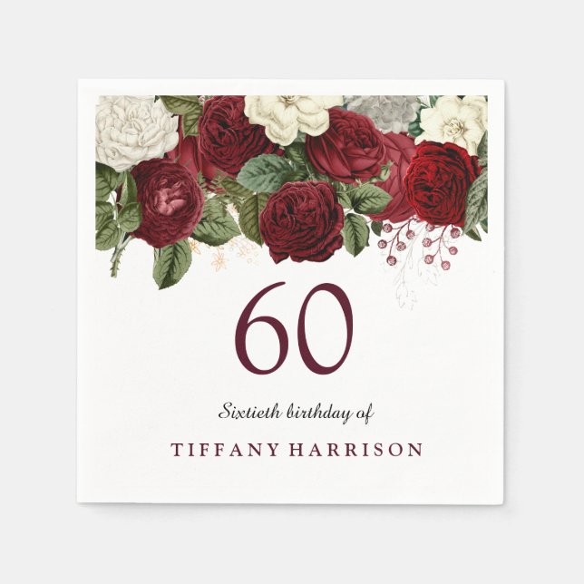 Burgundy Red White Rose 60th Birthday Party Napkins (Front)