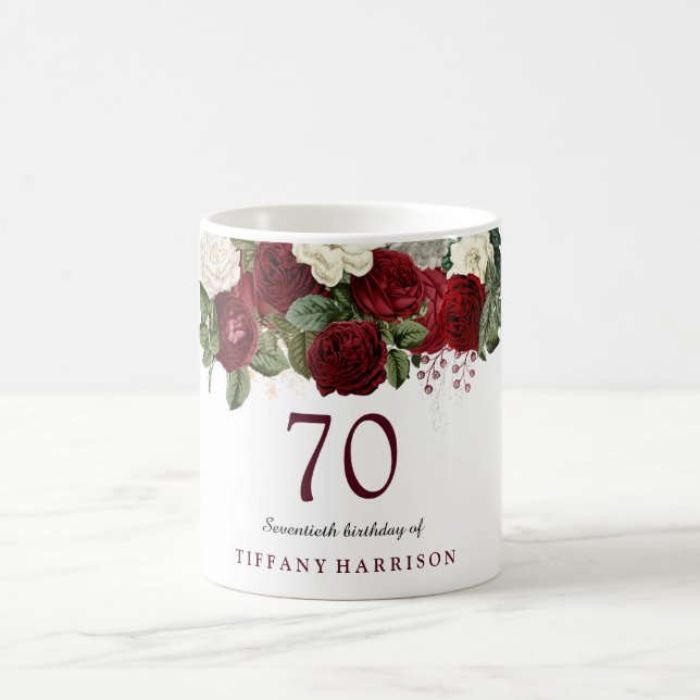 Burgundy Red White Rose 70th Birthday Favor Gift Coffee Mug (Center)