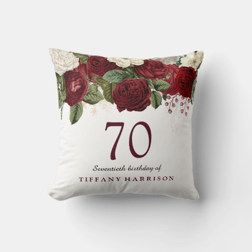 Burgundy Red White Rose 70th Birthday Gift Throw Pillow