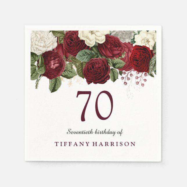 Burgundy Red White Rose 70th Birthday Party Napkins (Front)