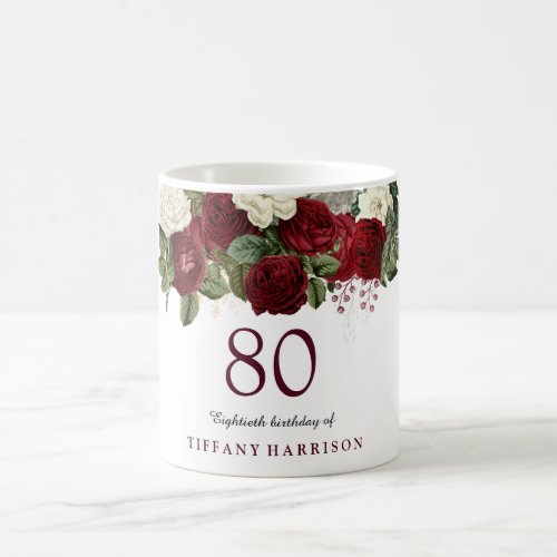 Burgundy Red White Rose 80th Birthday Favor Gift Coffee Mug