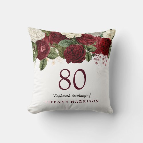 Burgundy Red White Rose 80th Birthday Gift Throw Pillow