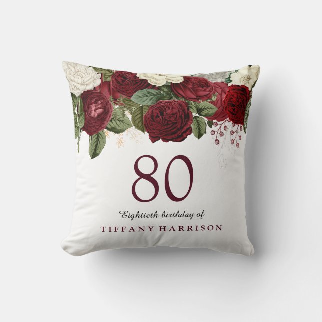 Burgundy Red White Rose 80th Birthday Gift Throw Pillow (Front)