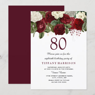 Burgundy Red White Rose 80th Birthday Party Invite