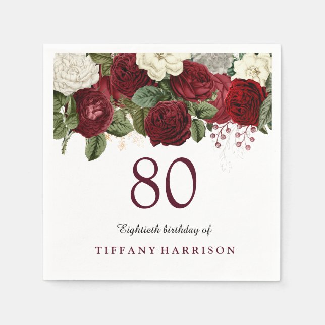 Burgundy Red White Rose 80th Birthday Party Napkins (Front)