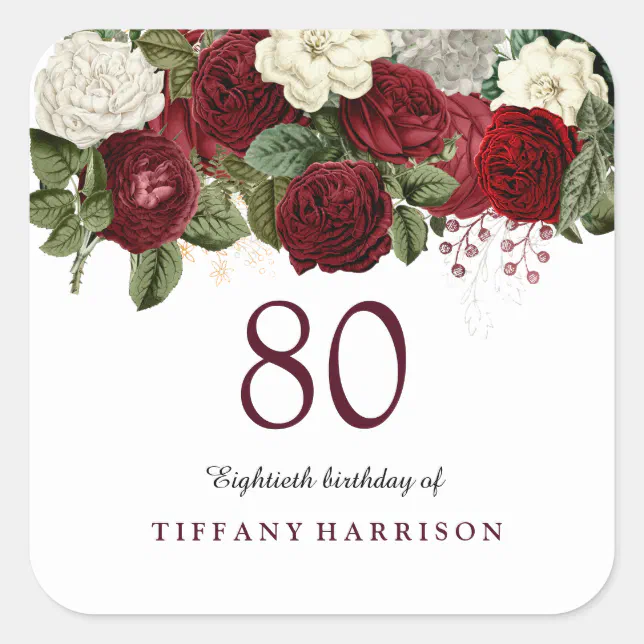 Burgundy Red White Rose 80th Birthday Sticker | Zazzle