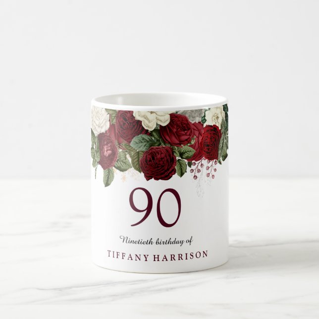 Burgundy Red White Rose 90th Birthday Favor Gift Coffee Mug (Center)