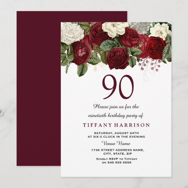 Burgundy Red White Rose 90th Birthday Party Invite (Front/Back)