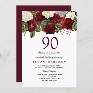 Burgundy Red White Rose 90th Birthday Party Invite