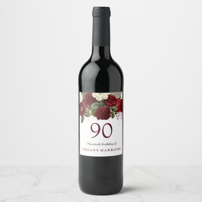 Burgundy Red White Rose 90th Birthday Party Wine Label (Front)