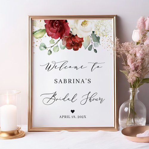 Burgundy Red White Rose Floral Bridal Shower Sign