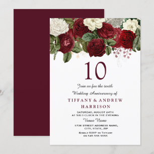 Burgundy Red White Roses 10th Wedding Anniversary Invitation