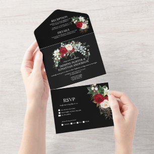 Burgundy Red & White Roses on Black Wedding All In One Invitation