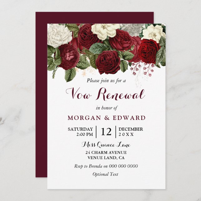 Burgundy Red White Roses Vow Renewal Anniversary Invitation (Front/Back)