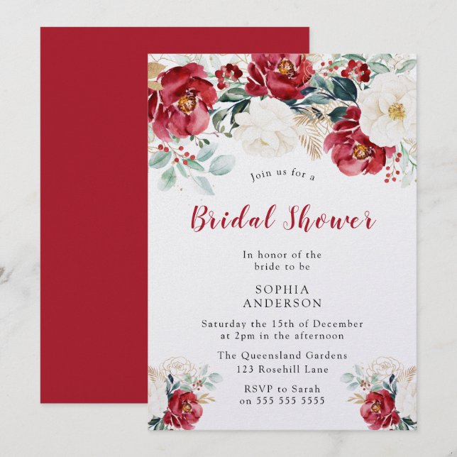 Burgundy Red White Shimmer Bridal Shower Invitation (Front/Back)