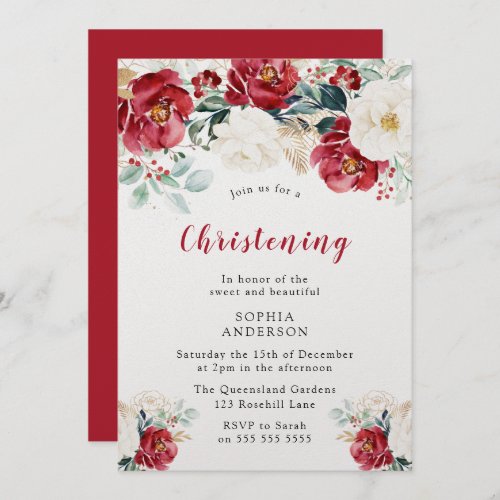 Burgundy Red White Shimmer Christening Baptism  Invitation