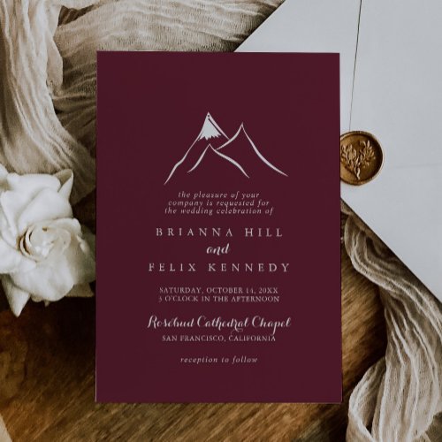 Burgundy Red White Silhouette Mountain Wedding  Invitation
