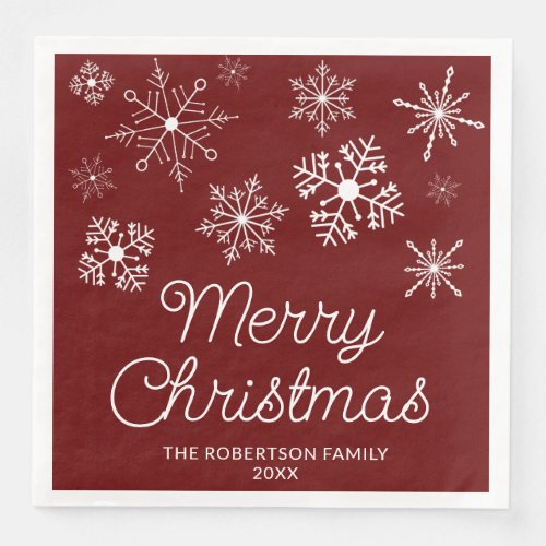 Burgundy Red White Snowflakes Christmas Party Paper Dinner Napkins