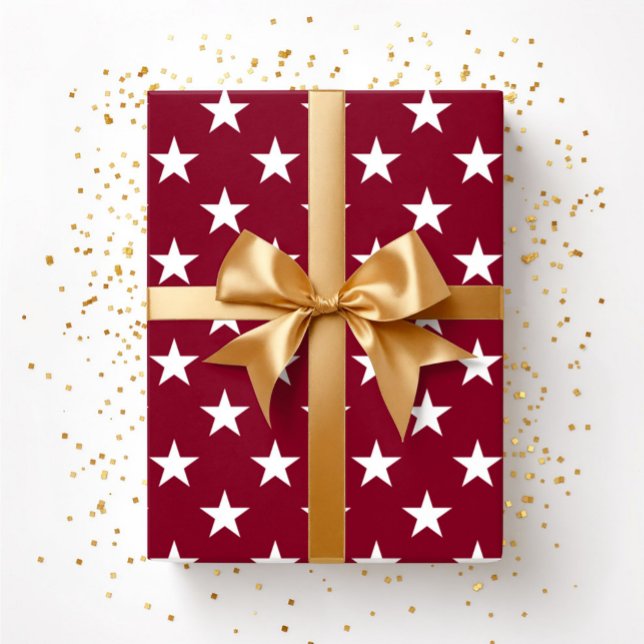 Burgundy Red White Stars Christmas  Wrapping Paper (Burgundy Red White Stars Christmas Wrapping Paper)