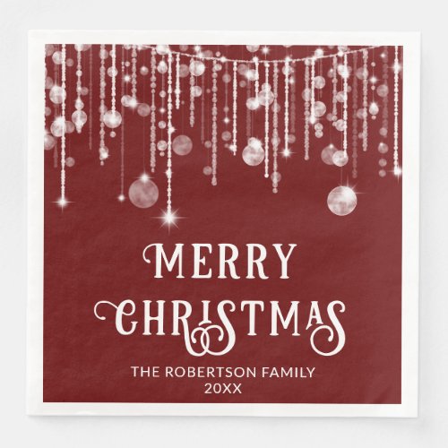 Burgundy Red White String Lights Christmas Party Paper Dinner Napkins