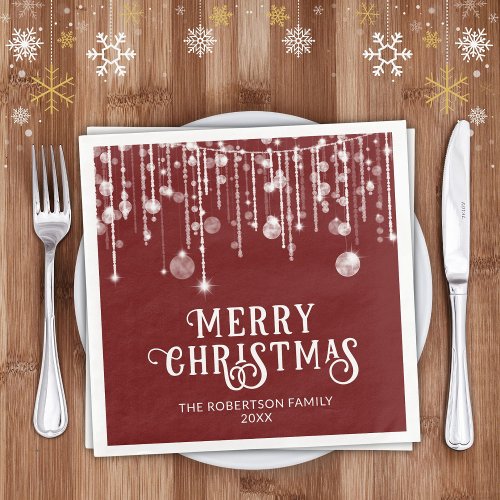 Burgundy Red White String Lights Christmas Party Paper Dinner Napkins